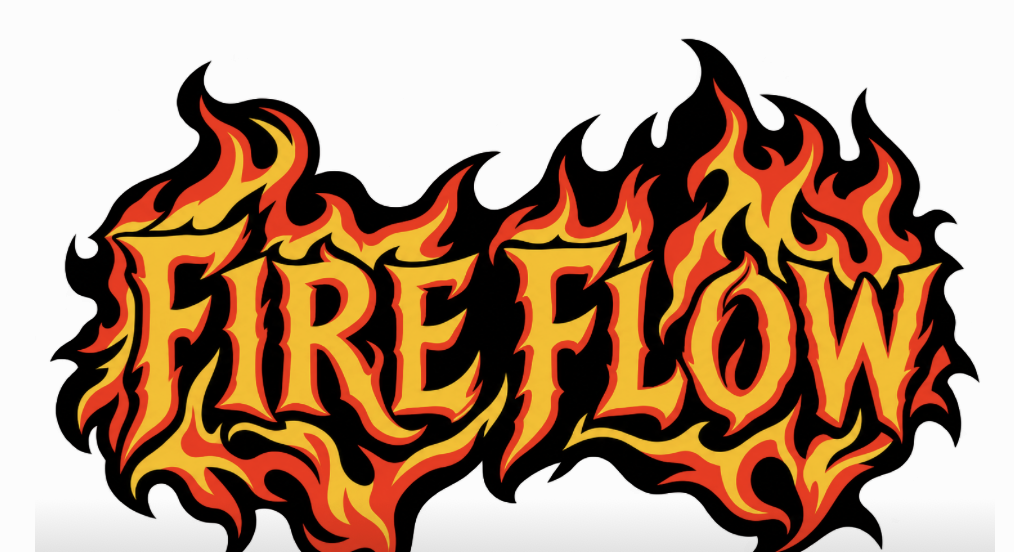 Fire Flow lettering surrounded by red, orange and yellow flames